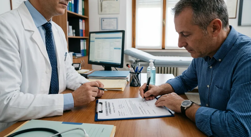 Firma del consenso informato in studio con il Dott. Righetti